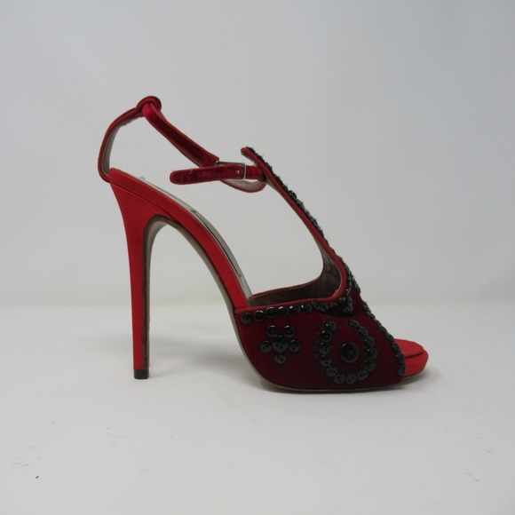 Tabitha Simmons Heels Pumps Red Velvet Black Beade - Picture 1 of 6